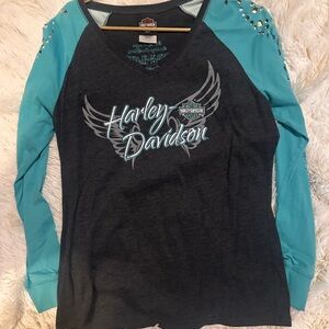 Harley-Davidson Black and Teal Winged Logo Shirt
